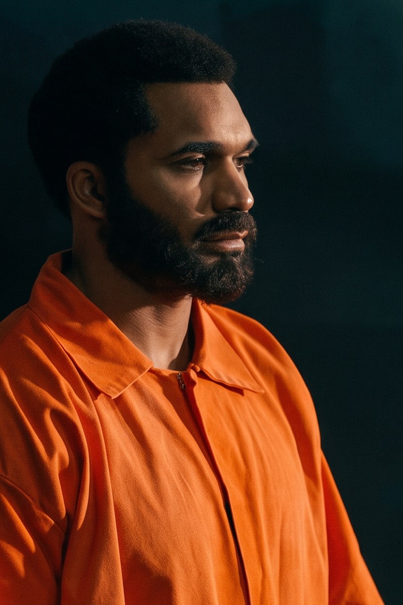 Tyler Lepley as Dom Thompson, in an orange prison jumpsuit, looking off to one side