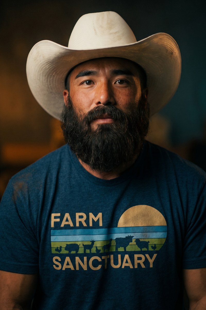 Ludi Lin as Sam, bearded, in a cowboy hat and Farm Sanctuary tee
