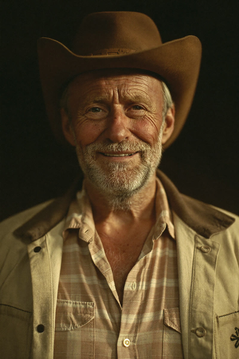 Concept portrait of Sam, a weathered rancher in a brown cowboy hat