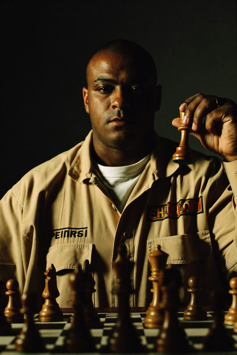 Concept portrait of St. Louis, a formidable inmate holding a chess piece